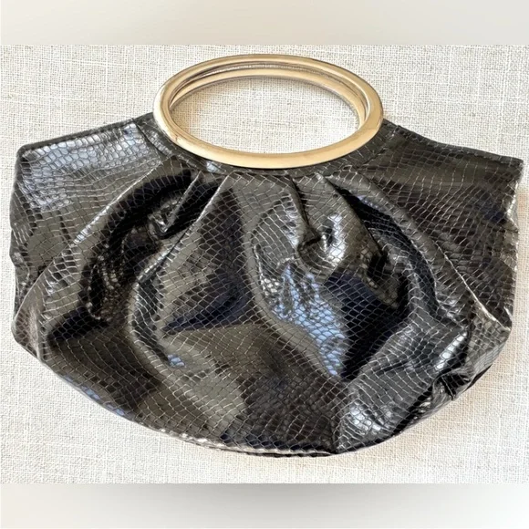Express Black Clutch Croc Effect Animal Print Leather Silver Ha… - Picture 3 of 8